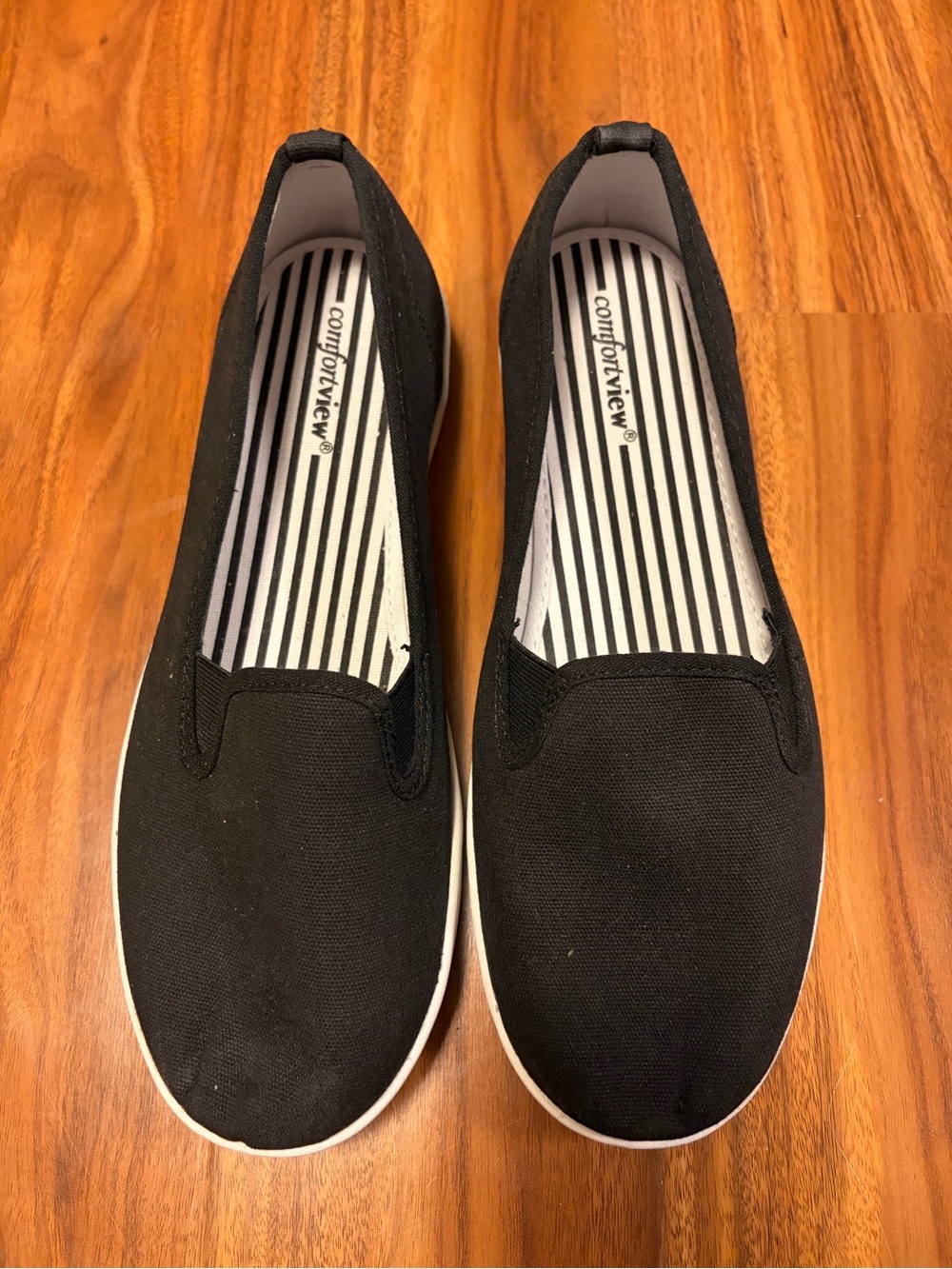 comfortview Black Slip-On Canvas Flats with White Outsole